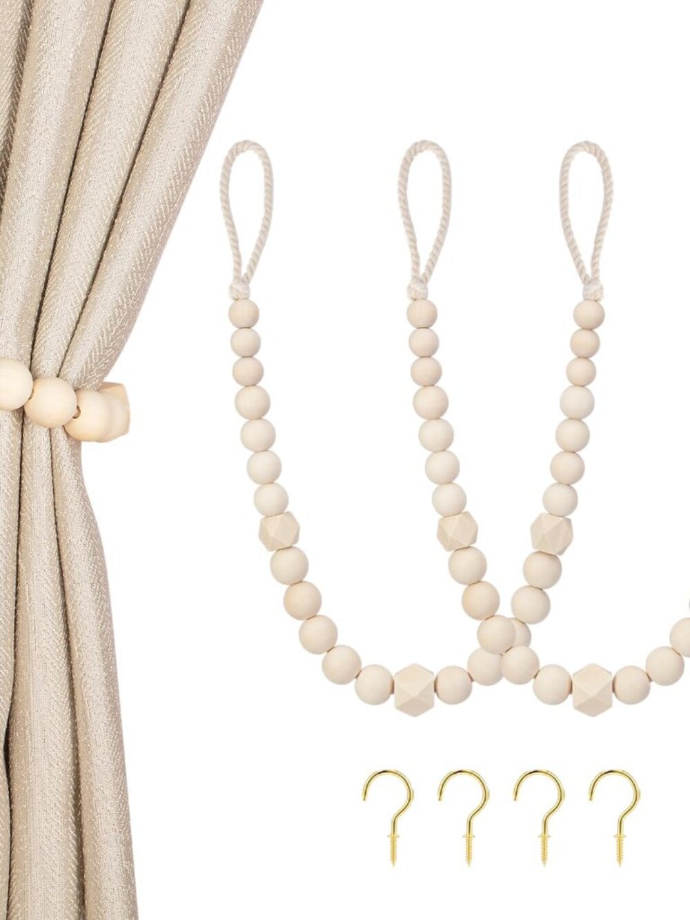 Wood Bead Curtain Tiebacks, 2 Pack Curtain Tie Backs with Hooks